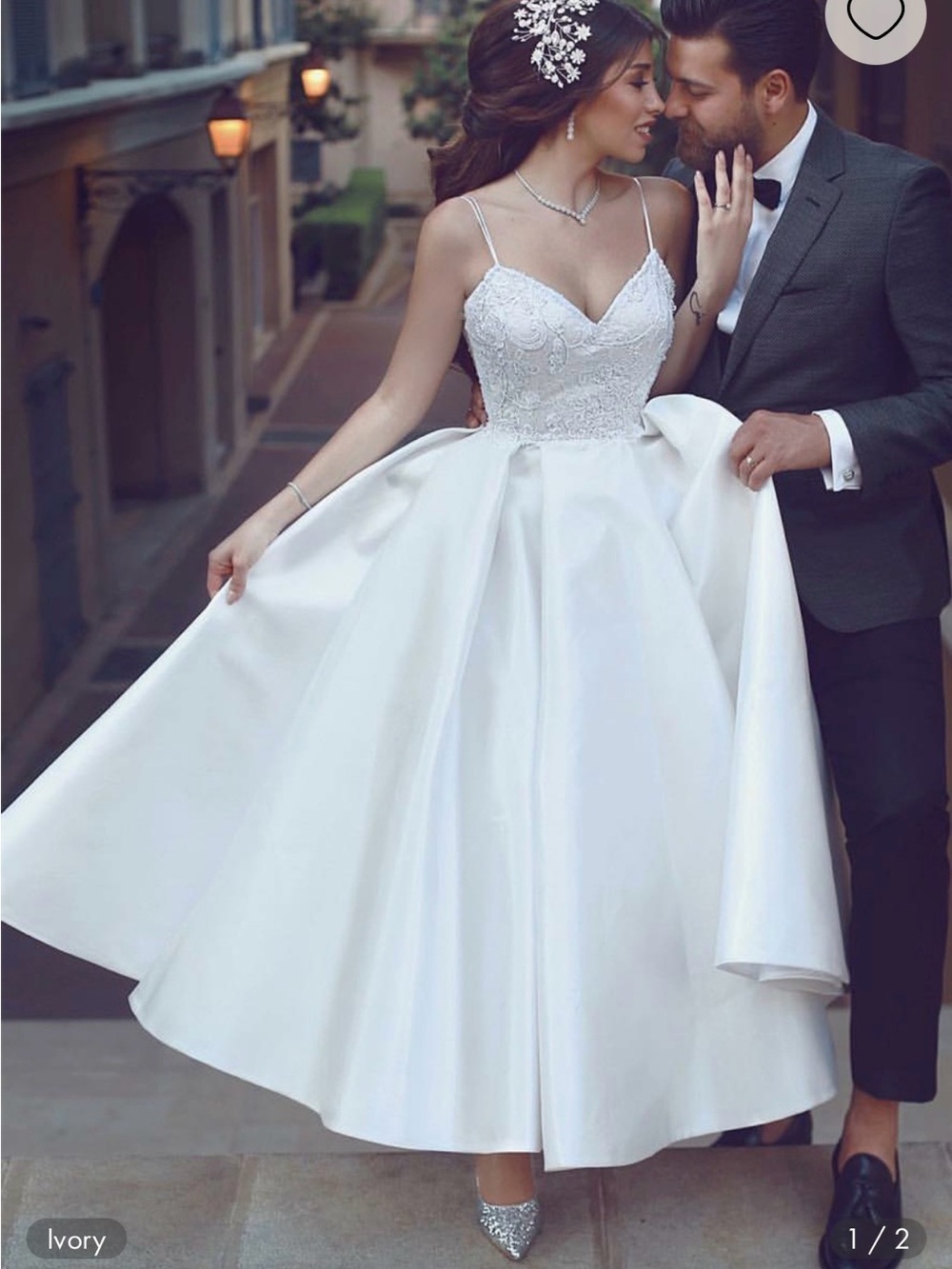 White Lace Bodice Spaghetti Strap Bridal Ball Gown